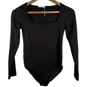 Mango Pop Long Sleeve Corset Style Bodysuit With Squared Neckline,‎ Size S Black